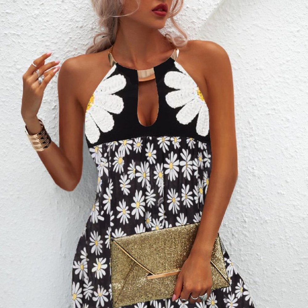 Summer Casual Elegant All Over Print Sleeveless Metal Halter Neck Dress